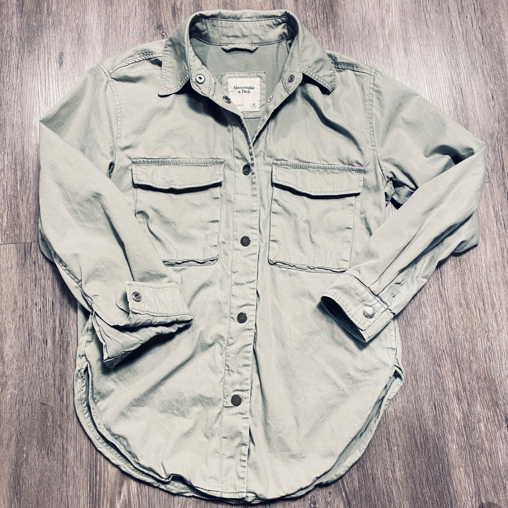 Abercrombie & Fitch Sage Green Cotton Utility Snap Front Shacket Shirt Womens XS